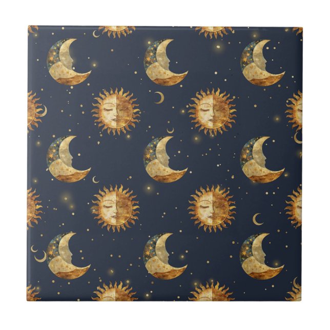 Celestial Sun & Moon Gold Starry Night Pattern Ceramic Tile (Front)