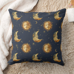 Celestial Sun & Moon Gold Starry Night Pattern Cushion