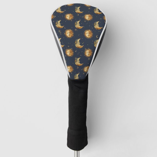 Celestial Sun & Moon Gold Starry Night Pattern Golf Head Cover (Front)