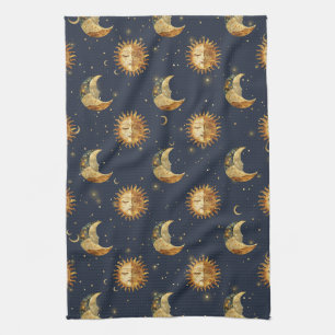 Celestial Sun & Moon Gold Starry Night Pattern Tea Towel