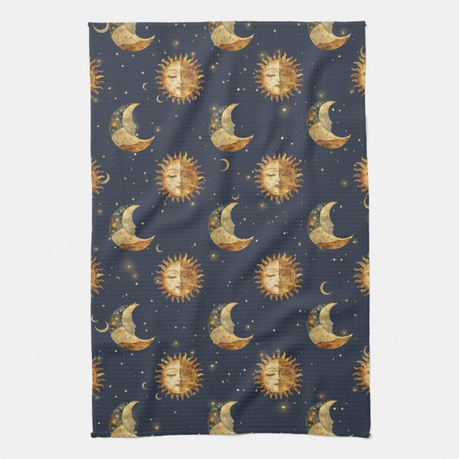 Celestial Sun & Moon Gold Starry Night Pattern Tea Towel (Vertical)