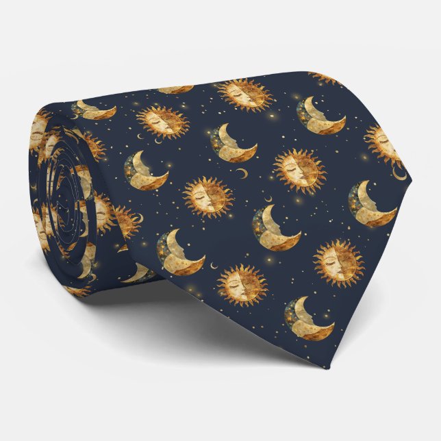 Celestial Sun & Moon Gold Starry Night Pattern Tie (Rolled)
