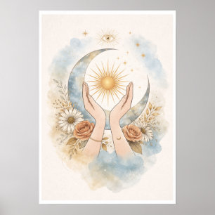 Celestial Sun Moon Hands Aesthetic Wall Art