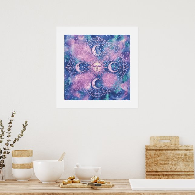 Celestial Sun & Moon Mandala Galaxy Nebula Poster (Kitchen)