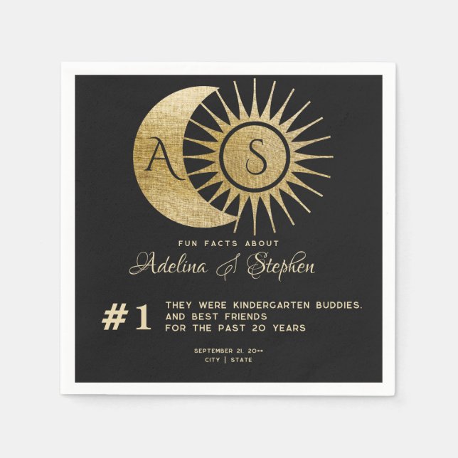 Celestial Sun Moon Monogram Crest Gold Fun Facts Napkin (Front)