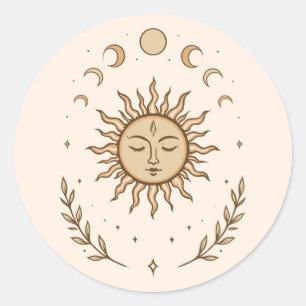 Celestial Sun Moon Phases Mystical Botanical Art Classic Round Sticker