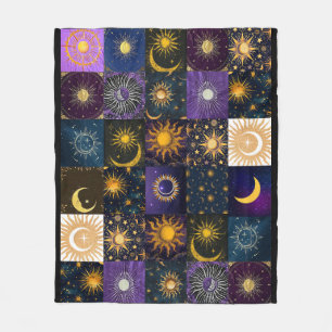 Celestial Sun Moon Phases Patchwork Boho Mystical Fleece Blanket
