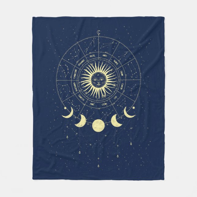 Celestial Sun Moon Phases Zodiac Fleece Blanket (Front)