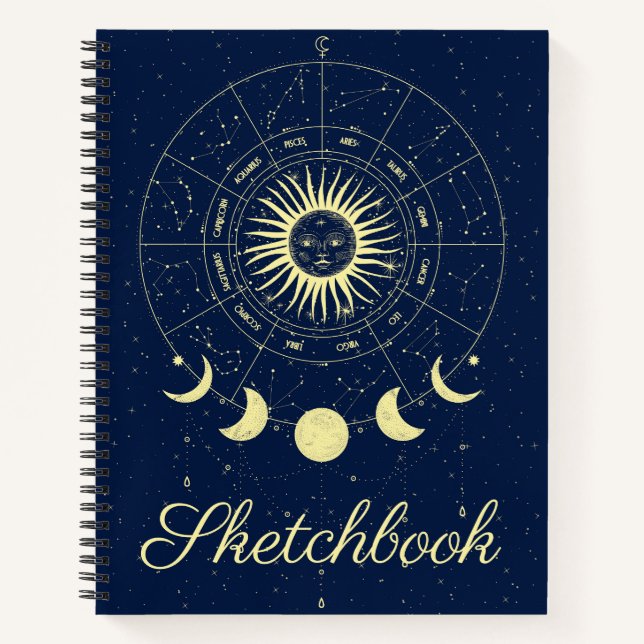 Celestial Sun Moon Phases Zodiac Sketchbook Notebook (Front)