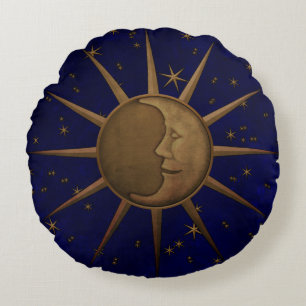 Celestial Sun Moon Starry Night Round Cushion