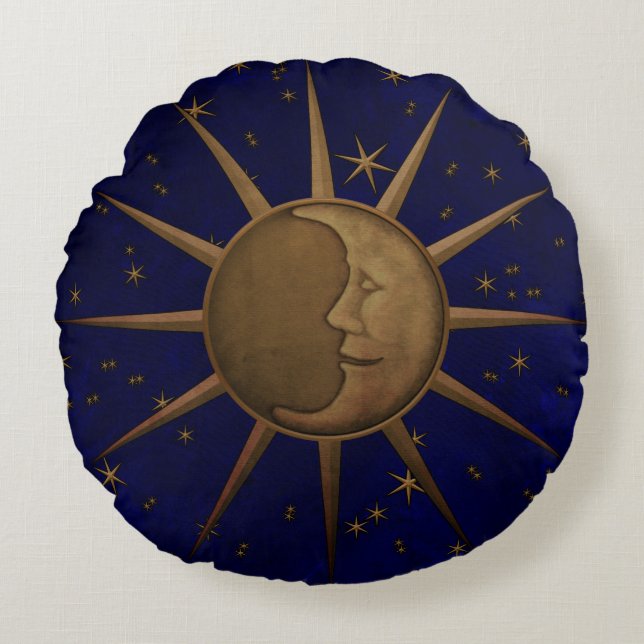 Celestial Sun Moon Starry Night Round Cushion (Front)