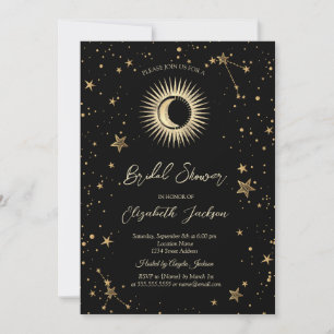 Celestial Sun,Moon,Stars Black Bridal Shower Invitation