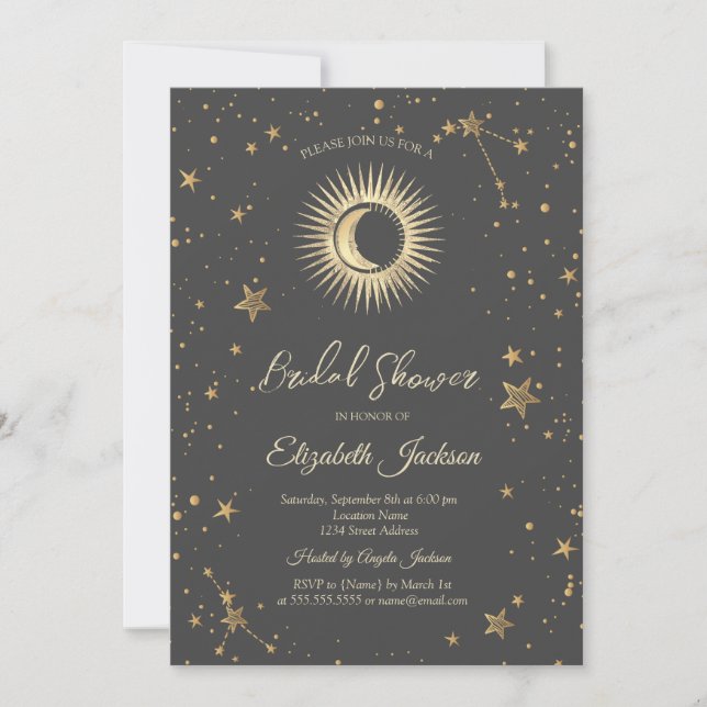 Celestial Sun,Moon,Stars Brown Bridal Shower Invitation (Front)