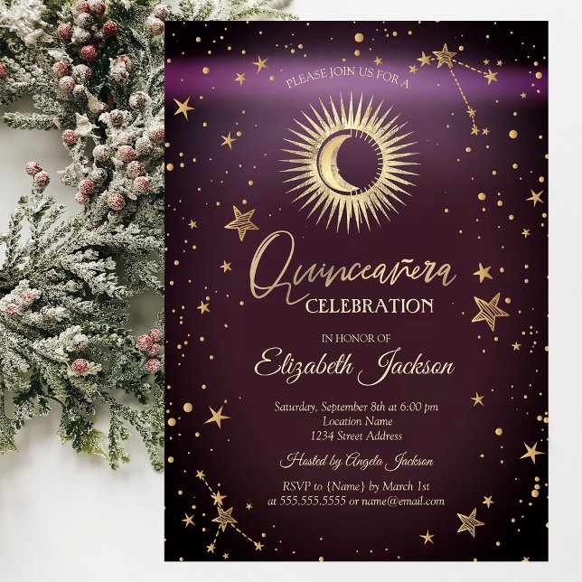 Celestial Sun,Moon,Stars Burgundy Quinceanera Invitation (Creator Uploaded)