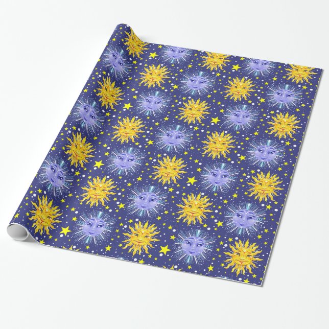 celestial sun moon stars gift wrap wrapping paper (Unrolled)
