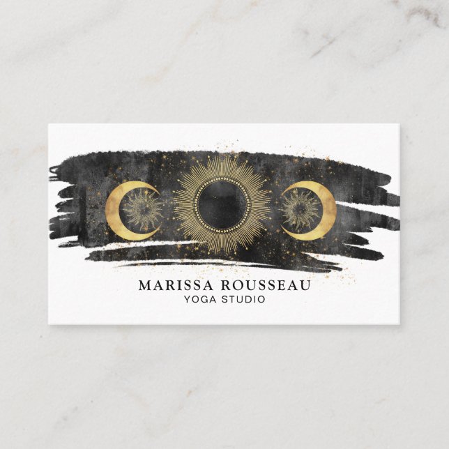 Celestial Sun Moon Stars Gold Black White Yoga  Business Card (Front)