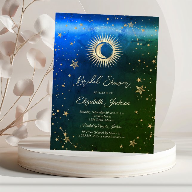 Celestial Sun,Moon,Stars Green Blue Bridal Shower Invitation (Creator Uploaded)