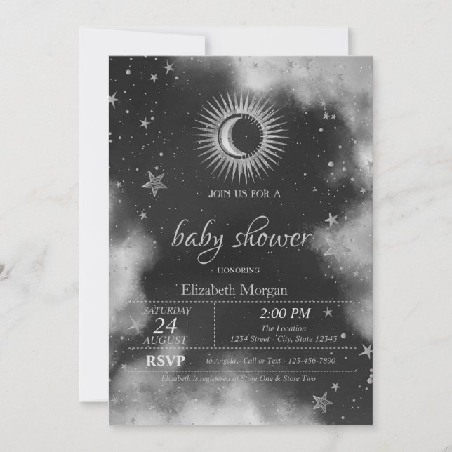 Celestial Sun,Moon,Stars Grey Baby Shower  Invitation (Front)