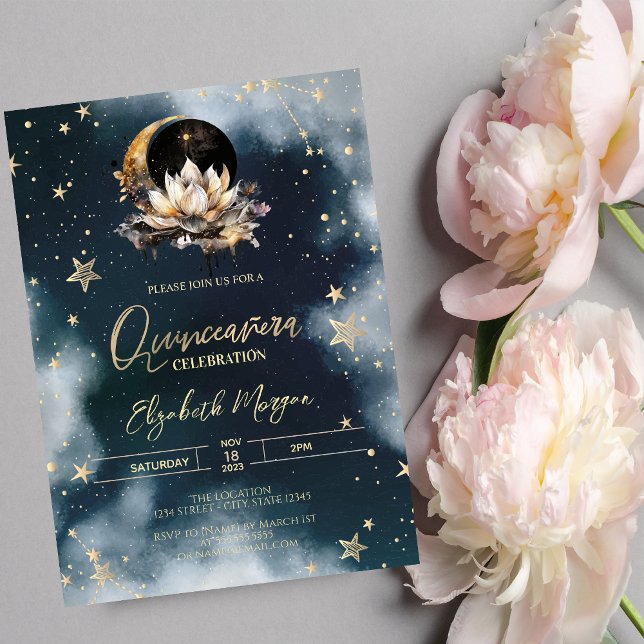 Celestial Sun,Moon,Stars Lotus Sky Quinceanera Invitation (Creator Uploaded)