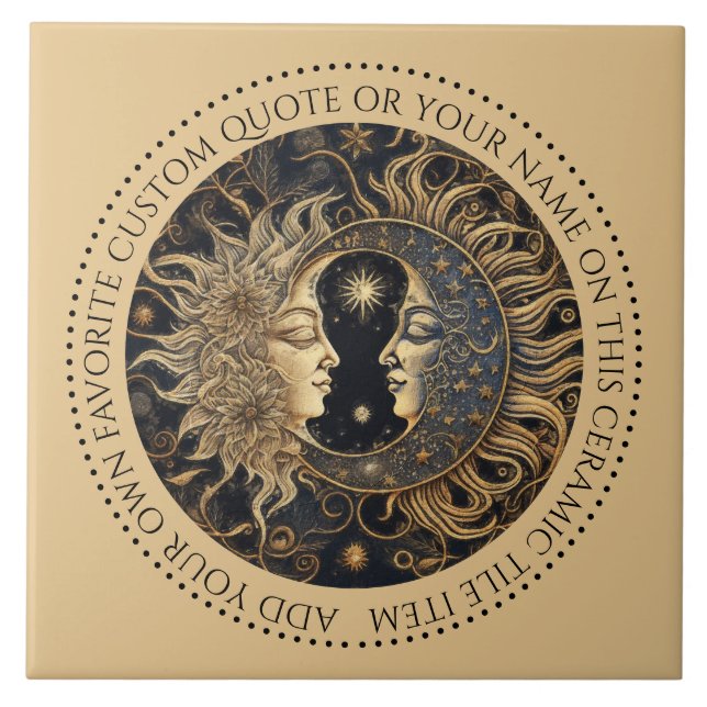 Celestial Sun Moon Stars Midnight Sky Personalised Ceramic Tile (Front)