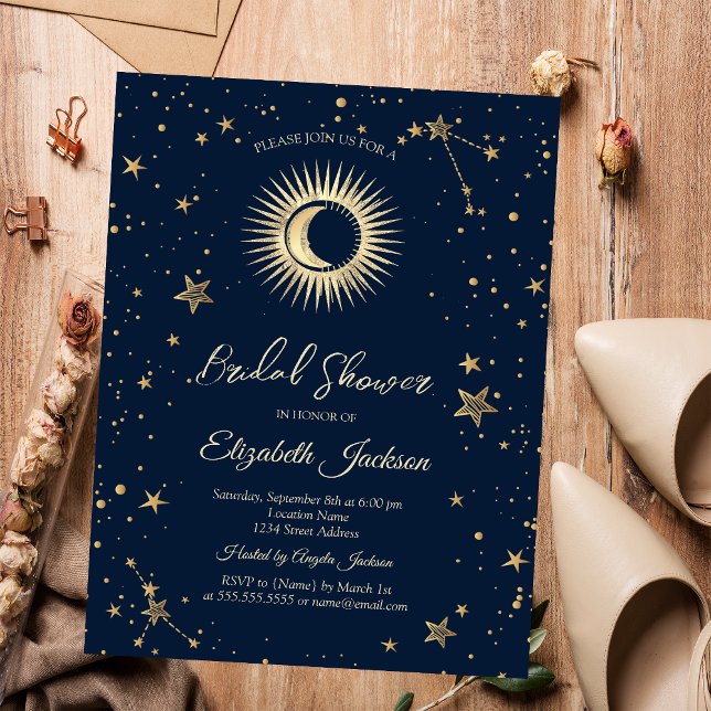 Celestial Sun,Moon,Stars Navy Blue Bridal Shower Invitation (Creator Uploaded)