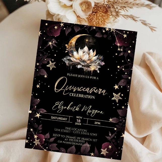Celestial Sun,Moon,Stars Roses Quinceanera Invitation (Creator Uploaded)