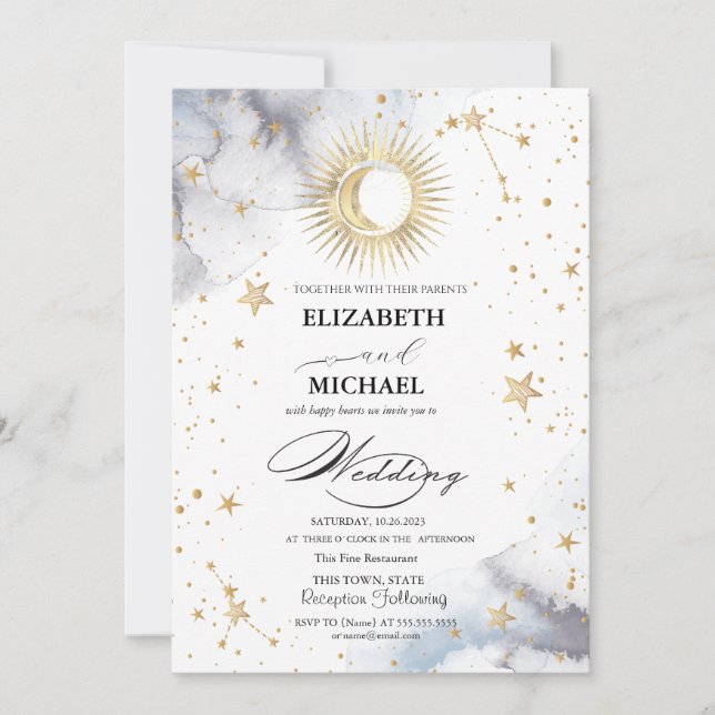 Celestial Sun,Moon,Stars Script Invitation (Front)