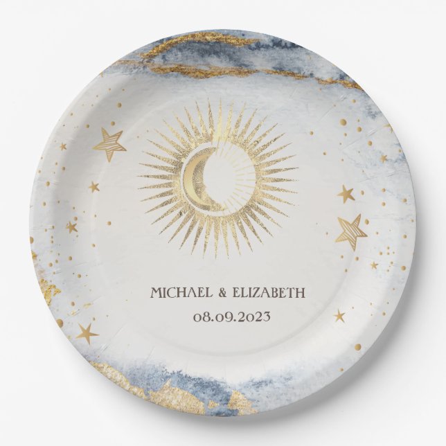 Celestial Sun,Moon,Stars Watercolor Paper Plate (Front)