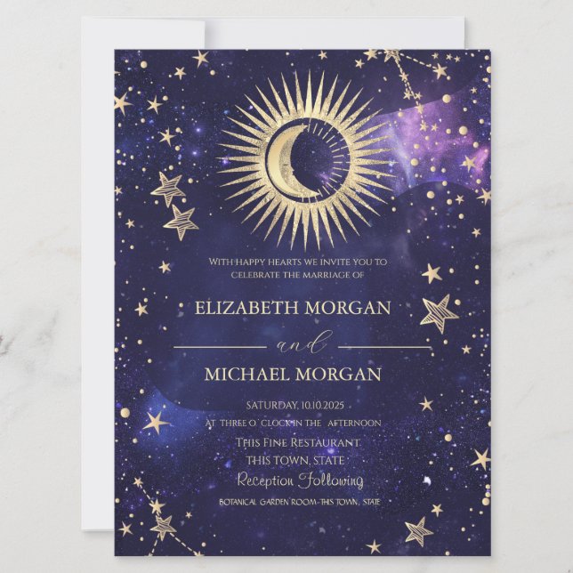 Celestial  Sun,Moon,Stars Watercolor Purpe Invitation (Front)