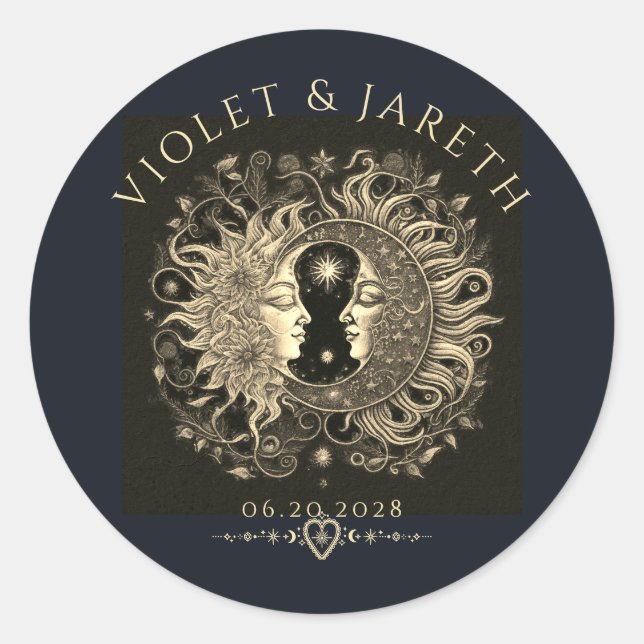 Celestial Sun Moon Stars Wedding  Classic Round Sticker (Front)