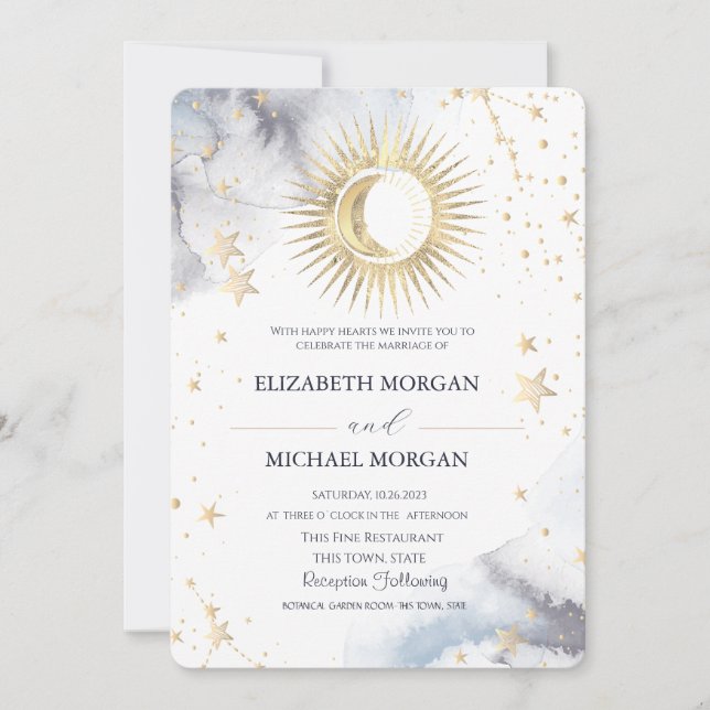 Celestial  Sun,Moon,Stars Wedding  Invitation (Front)