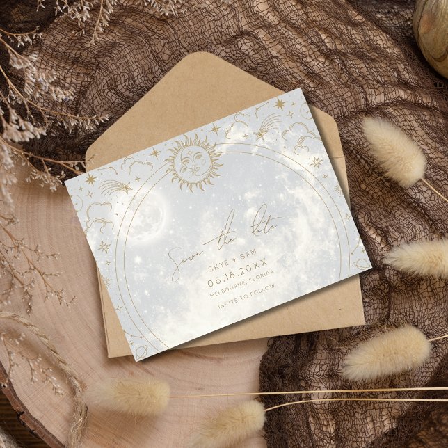 Celestial Sun Moon Stars Wedding Save the Date Announcement Postcard (Celestial Sun Moon Stars Wedding Save the Date)