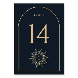Celestial Sun  Navy Golden Monogram Arch  Table Number