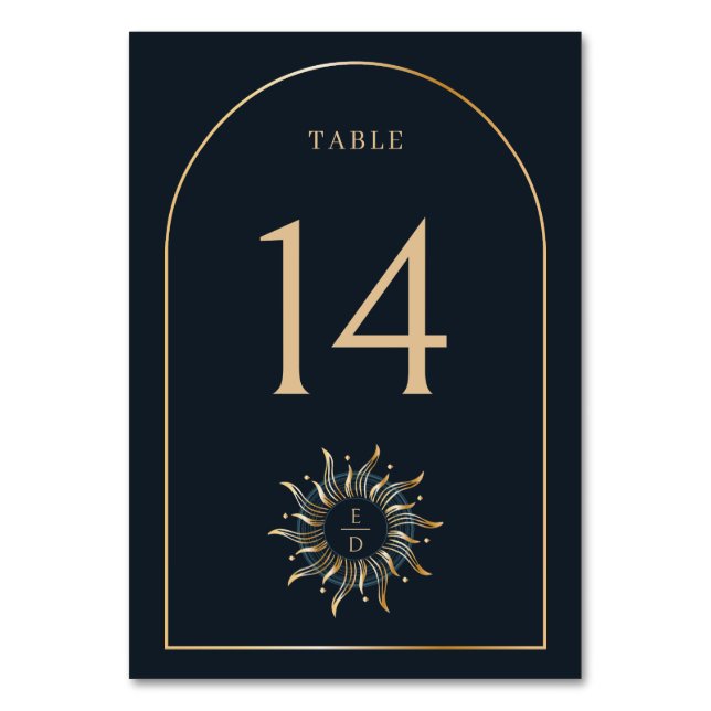 Celestial Sun  Navy Golden Monogram Arch  Table Number (Front)