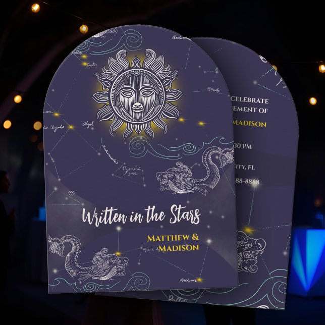 Celestial Sun Star Map Dark Blue Engagement Party Invitation (Celestial Engagement Party Invitation: Starry Sky Map with Sun and Constellations in Midnight Blue)
