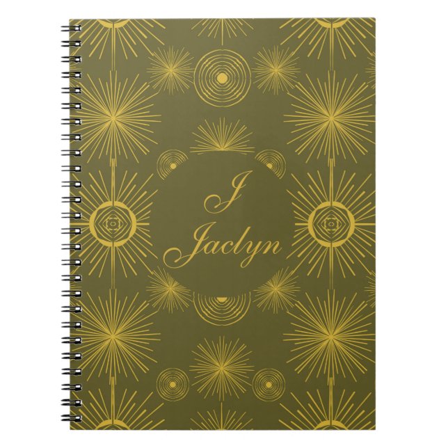 Celestial Sun Stars Olive Green Notebook (Front)