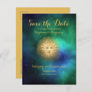 Celestial Sun Teal Gold Glitter Save the Date Announcement Postcard