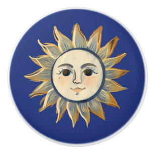 Celestial Sun with Face Gold and Dark Blue Ceramic Knob