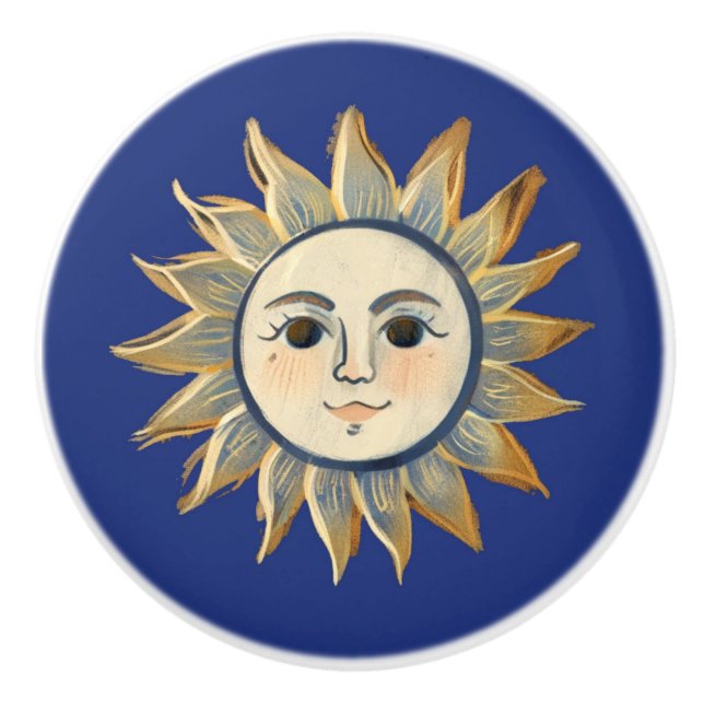 Celestial Sun with Face Gold and Dark Blue Ceramic Knob (Front)