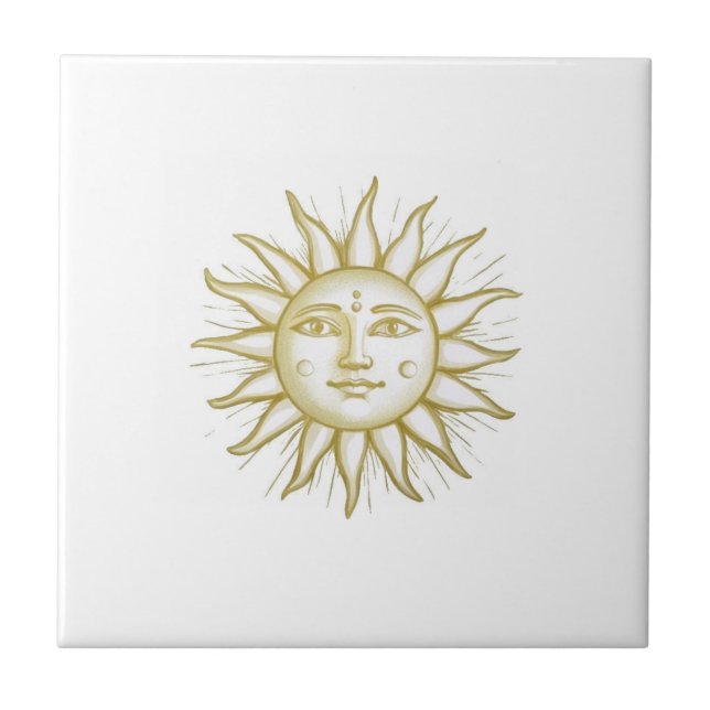 Celestial Sun with Face Gold and White Ceramic Tile (Front)