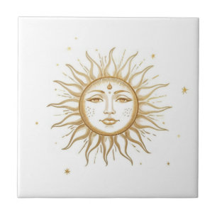 Celestial Sun with Face Gold and White Ceramic Tile
