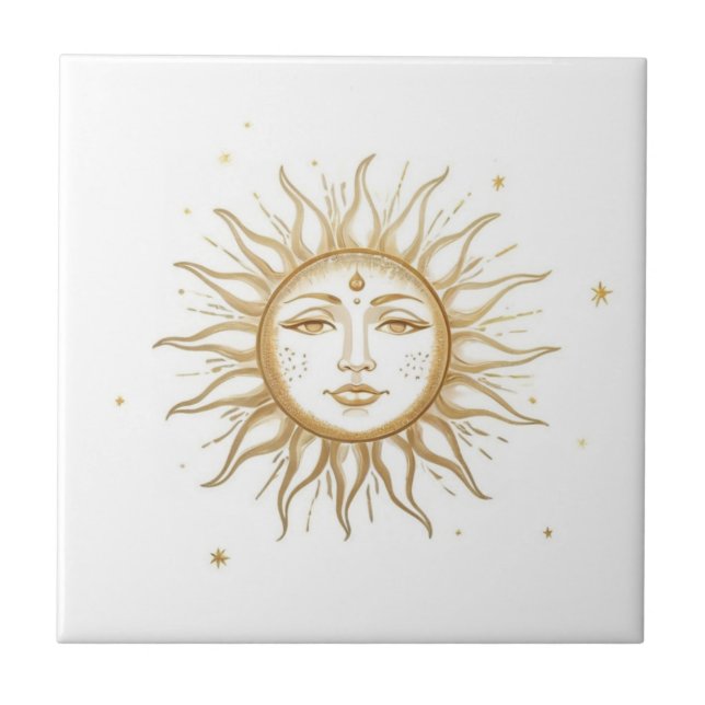 Celestial Sun with Face Gold and White Ceramic Tile (Front)