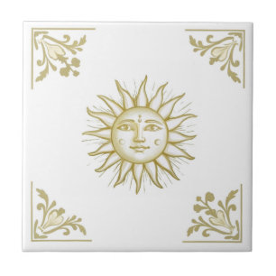 Celestial Sun with Face Gold and White Delft style Ceramic Tile