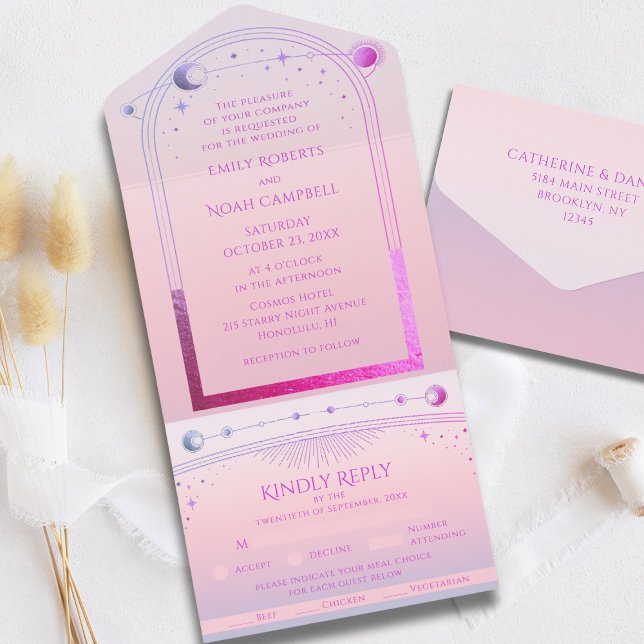 Celestial Sunset Pink Sun Moon Star Wedding  All In One Invitation (Creator Uploaded)