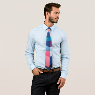 Celestial Symmetry: Geometric Shapes Blues & Pink Tie