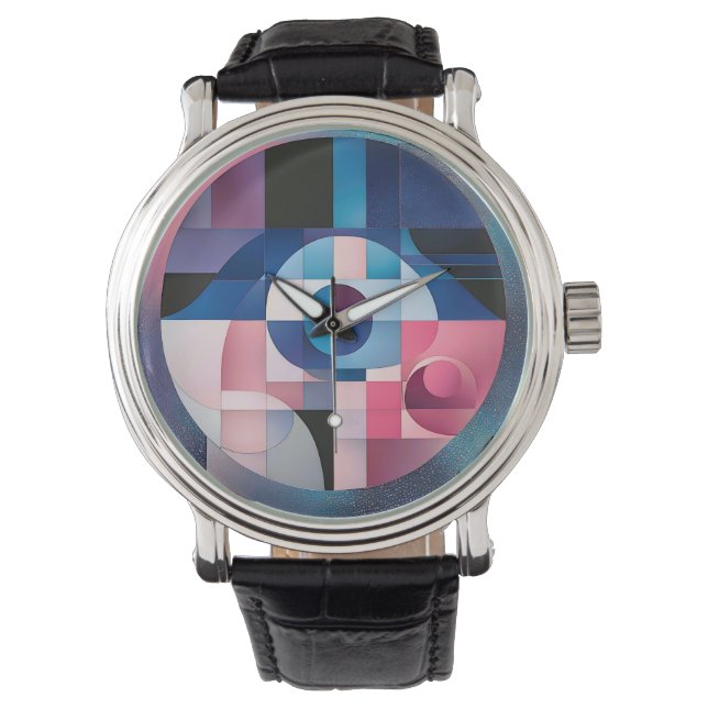 Celestial Symmetry: Geometric Shapes Blues & Pink Watch (Front)