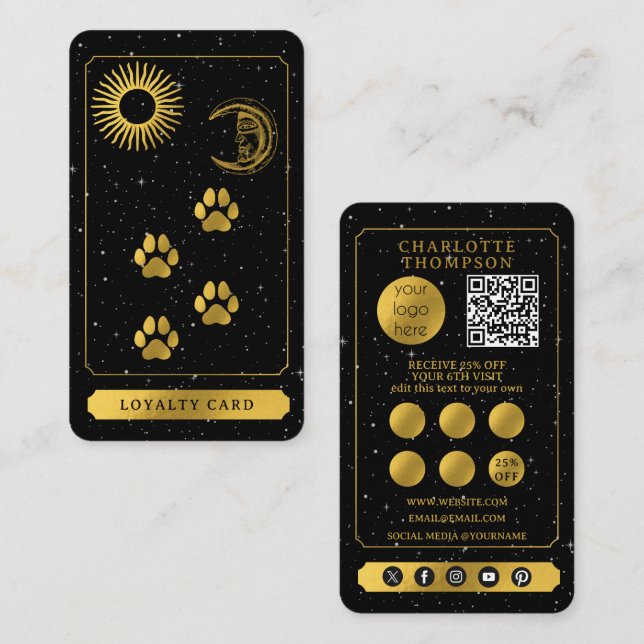 Celestial Tarot Dog Grooming Black Gold Thank You Business Card (Front/Back)