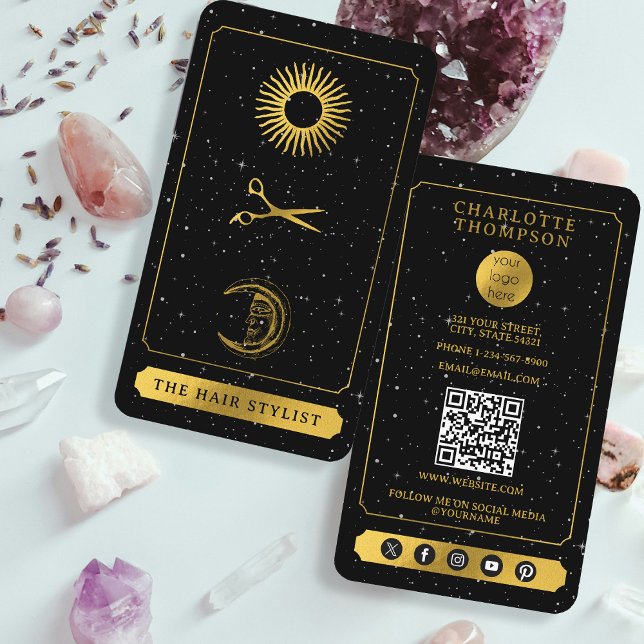 Celestial Tarot Logo Hairdresser Black Gold  Business Card (Celestial Tarot Logo Hairdresser Black Gold Business Card)