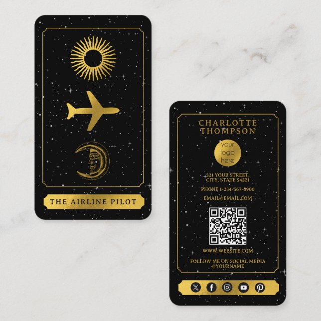 Celestial Tarot Logo Pilot Agent Black Gold  Business Card (Front/Back)
