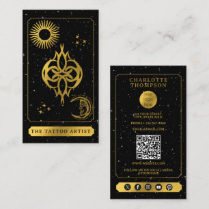 Celestial Tarot Logo Tattoo Artist Black Gold Business Card